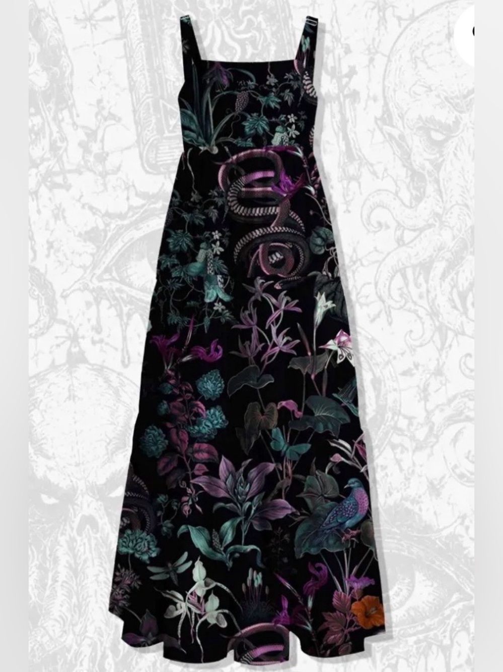 Black Floral Tiered Maxi Dress with Teal & Purple Accents